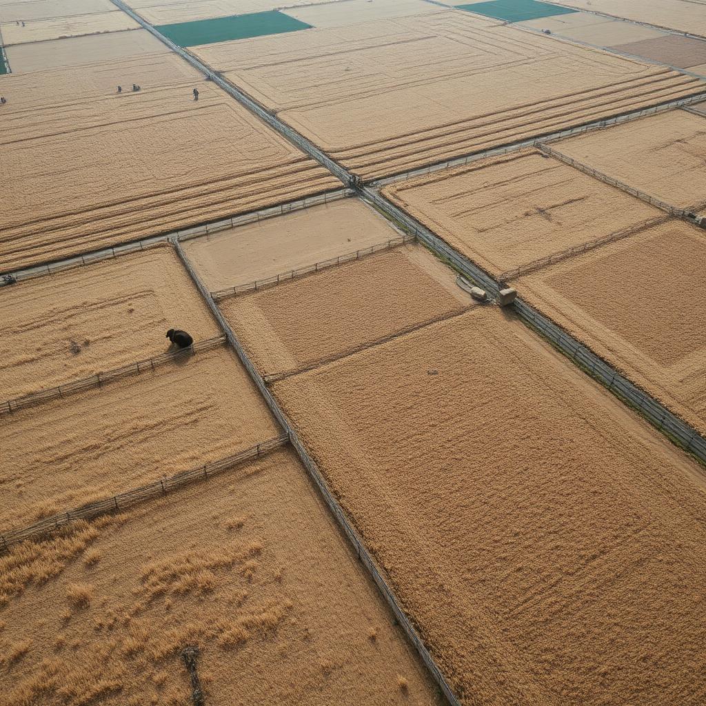 Aerial view of fenced farm paddocks
